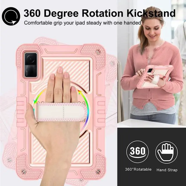 Alt view image 3 of 5 - YOUULAR Tablet Case for Xiaomi Redmi Pad 10.61 inches 22081283G, Tablet Shockproof Cover with 360° Rotating Stand and Wrist Strap, Shoulder Strap Pink Gold