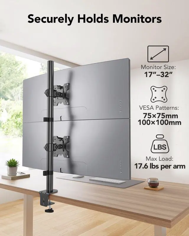 Alt view image 2 of 5 - HUANUO Vertical Dual Monitor Mount, Stacked Monitor Stand for 2 Monitors with Height Adjustment Computer Monitor Arm Supports Two 17 to 32 Inch with C Clamp Each Desk Mount Hold up to 17.6lbs