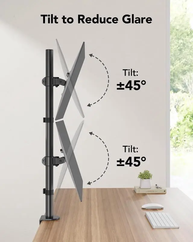 Alt view image 3 of 5 - HUANUO Vertical Dual Monitor Mount, Stacked Monitor Stand for 2 Monitors with Height Adjustment Computer Monitor Arm Supports Two 17 to 32 Inch with C Clamp Each Desk Mount Hold up to 17.6lbs