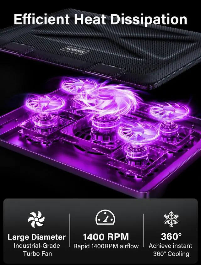 Alt view image 2 of 5 - Kootek Laptop Cooling Pad, Laptop Cooler with 5 Quiet Fans for 12"-17" Computer PC Notebook Gaming Laptop Fan, Height Adjustable Laptop Cooling Stand Laptop Accessories (Purple)