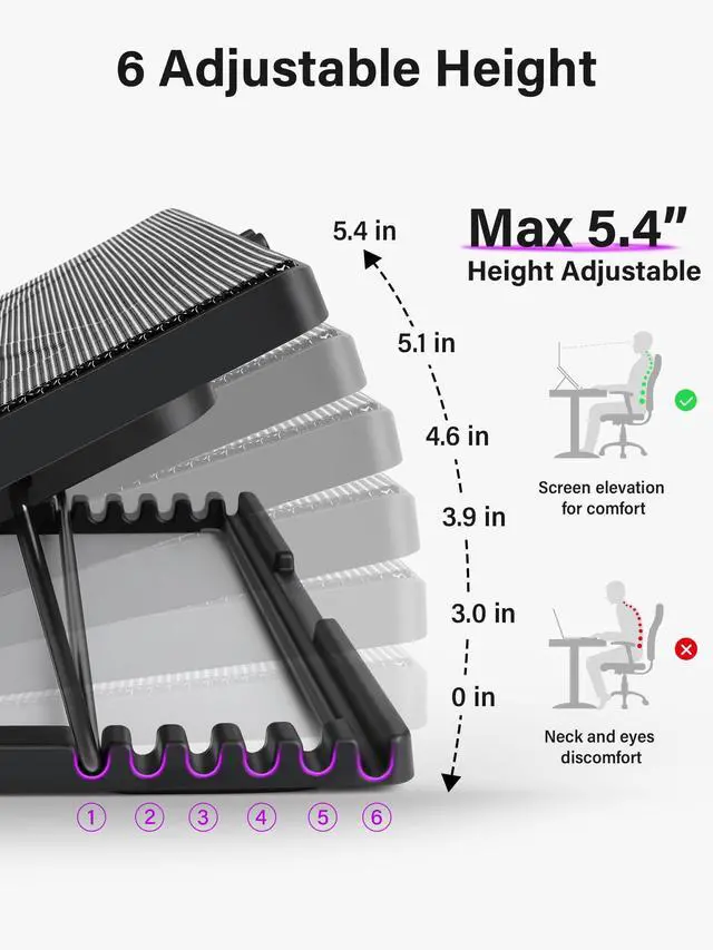 Alt view image 3 of 5 - Kootek Laptop Cooling Pad, Laptop Cooler with 5 Quiet Fans for 12"-17" Computer PC Notebook Gaming Laptop Fan, Height Adjustable Laptop Cooling Stand Laptop Accessories (Purple)