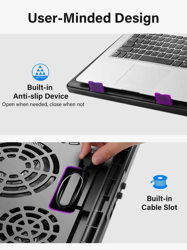 Alt view image 5 of 5 - Kootek Laptop Cooling Pad, Laptop Cooler with 5 Quiet Fans for 12"-17" Computer PC Notebook Gaming Laptop Fan, Height Adjustable Laptop Cooling Stand Laptop Accessories (Purple)