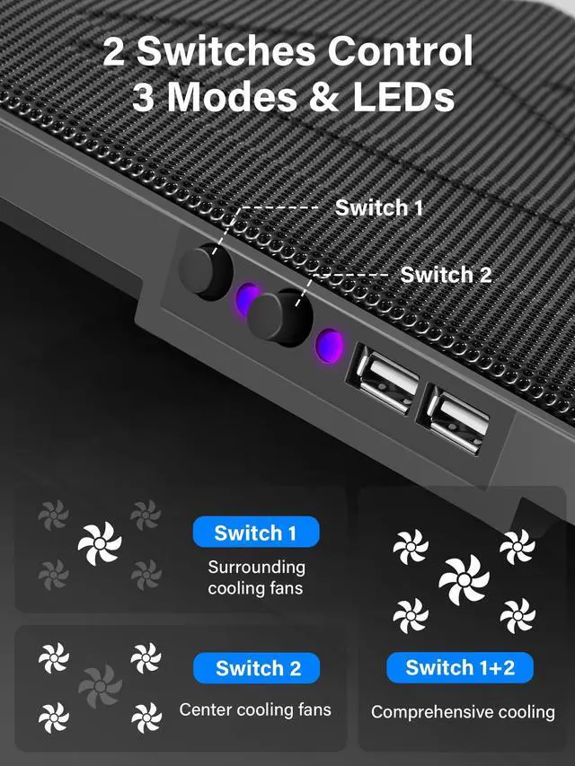 Alt view image 4 of 5 - Kootek Laptop Cooling Pad, Laptop Cooler with 5 Quiet Fans for 12"-17" Computer PC Notebook Gaming Laptop Fan, Height Adjustable Laptop Cooling Stand Laptop Accessories (Purple)
