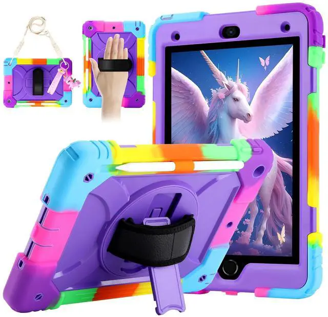 Main image of for iPad 9th/8th/7th Generation Case,iPad 10.2 Case 2021/2020/2019, with Cute Key Chain, Rugged Protective Case with 360°Rotating Stand & Shoulder Hand Strap & Pen Slot for 10.2 Inch (Rainbow Purple)