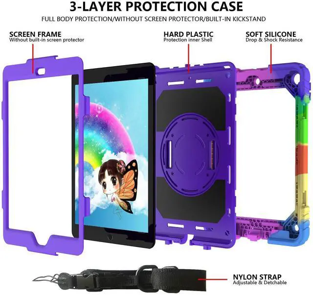 Alt view image 3 of 5 - for iPad 9th/8th/7th Generation Case,iPad 10.2 Case 2021/2020/2019, with Cute Key Chain, Rugged Protective Case with 360°Rotating Stand & Shoulder Hand Strap & Pen Slot for 10.2 Inch (Rainbow Purple)
