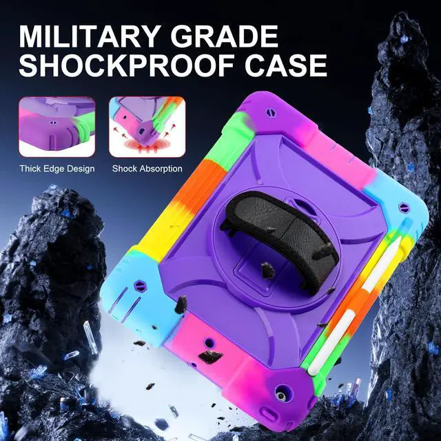 Alt view image 2 of 5 - for iPad 9th/8th/7th Generation Case,iPad 10.2 Case 2021/2020/2019, with Cute Key Chain, Rugged Protective Case with 360°Rotating Stand & Shoulder Hand Strap & Pen Slot for 10.2 Inch (Rainbow Purple)