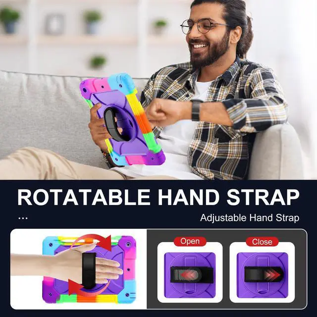 Alt view image 5 of 5 - for iPad 9th/8th/7th Generation Case,iPad 10.2 Case 2021/2020/2019, with Cute Key Chain, Rugged Protective Case with 360°Rotating Stand & Shoulder Hand Strap & Pen Slot for 10.2 Inch (Rainbow Purple)