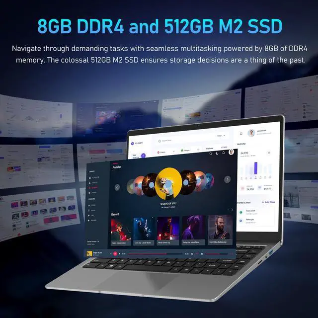 Alt view image 2 of 5 - ForwellTek 14" Laptop: Quad-Core J4125 (Up to 2.7GHz), 8GB RAM, 512GB SSD (Expandable to 1TB), Win 11, FHD 1080P Display, 5G WiFi, Bluetooth 4.2, Mini HDMI, USB 3.0