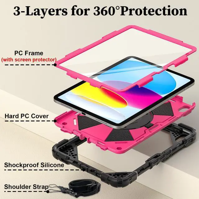 Alt view image 3 of 5 - Nitupai Case for iPad 10th Generation 10.9 Inch 2022 / iPad A16 Case 11 Inch 2025 with Screen Protector 10th Gen Cover for Kids Pencil Holder 360° Rotating Stand Shoulder Strap, Black Pink