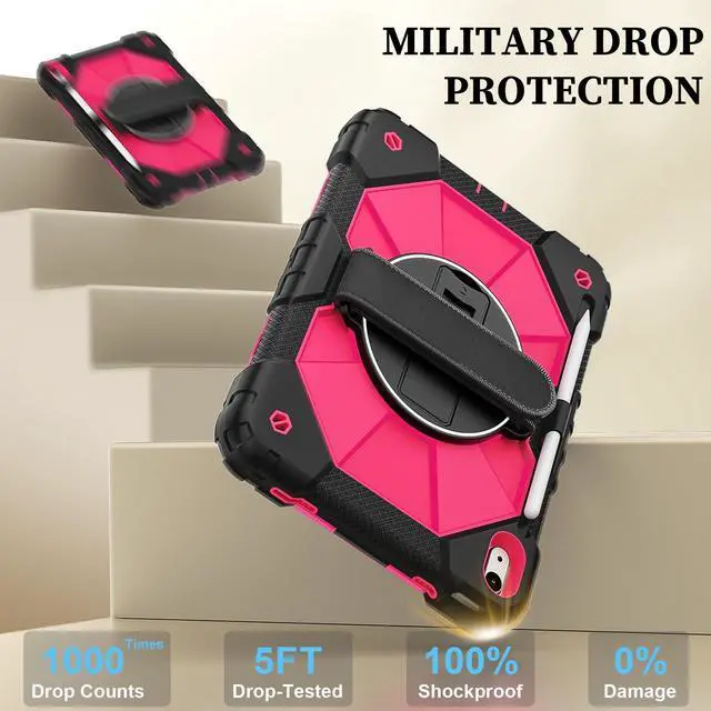 Alt view image 4 of 5 - Nitupai Case for iPad 10th Generation 10.9 Inch 2022 / iPad A16 Case 11 Inch 2025 with Screen Protector 10th Gen Cover for Kids Pencil Holder 360° Rotating Stand Shoulder Strap, Black Pink