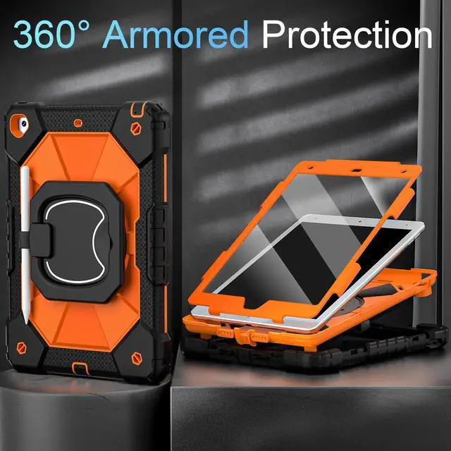 Alt view image 3 of 5 - Scnioy Case for iPad 9th Generation iPad Case 9th 8th 7th Generation iPad 10.2 Inch iPad 9th Gen Cover with Screen Protector Pen Holder Duty Cases for Kids 360° Rotating Stand, Black Orange