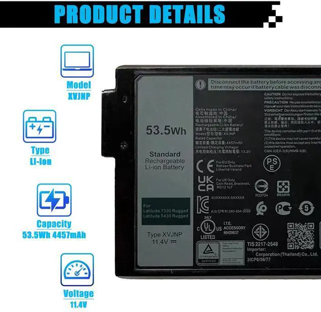 Alt view image 2 of 5 - AOMKA XVJNP Laptop Battery Replacement for Dell Latitude 5430 7330 Rugged Extreme P148G P148G001 P149G P149G001 Series Notebook 06JRCP 6JRCP 0M0TN3 451-BCWQ M0TN3 KD1CT 11.4V 53.5Wh 4457mAh