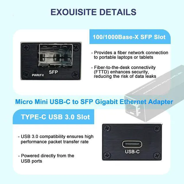 Alt view image 4 of 5 - USB 3.0 to SFP Gigabit Ethernet Adapter - Mini Network Interface Card Compatible with Windows/macOS/Linux, Fast Transfer Rate,Full/Half Duplex,Plug and Play,Metal Casing