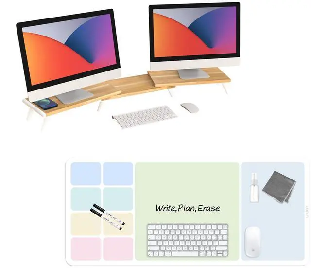 Main image of loukin 17.32"*9.84" Dual Monitor Stand Riser for Desk Length Natural | 32"x14" Erasable Dry Erase Desk Mat