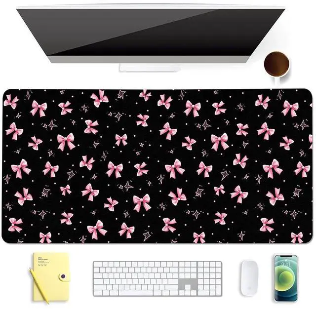 Main image of BlHMCASE Cute Pink Bow Black Extended Gaming Keyboard Mouse Pad, Non-Slip Leather Home Office Desk Mat Protector, Laptop Desk Pad Writing Pad