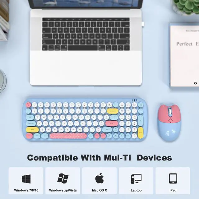 Alt view image 3 of 5 - Dilter Wireless Keyboard and Mouse Combo, Typewriter Retro Keyboards with Cute Cat Shaped Wireless Mouse, 2.4 GHz USB Receiver Plug and Play for Windows, PC, Laptop, Desktop (Blue Colorful)