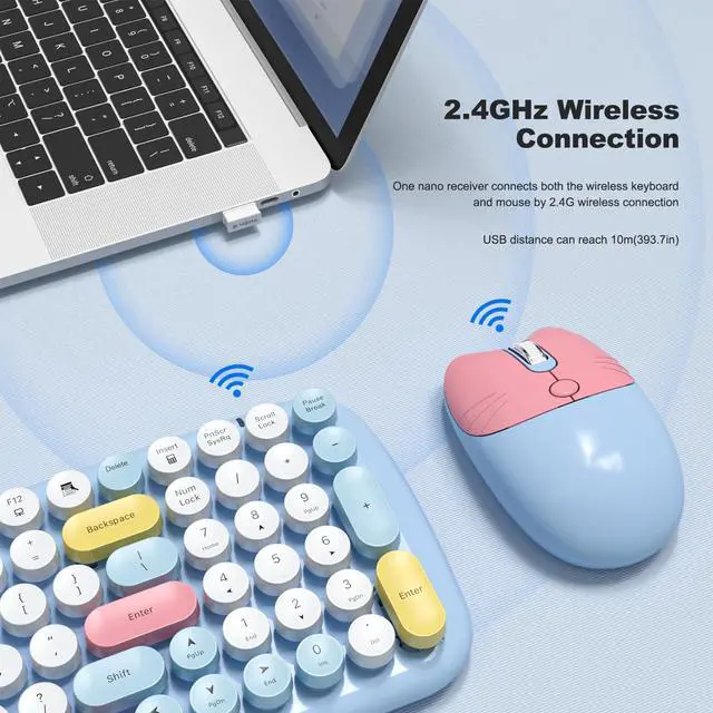 Alt view image 2 of 5 - Dilter Wireless Keyboard and Mouse Combo, Typewriter Retro Keyboards with Cute Cat Shaped Wireless Mouse, 2.4 GHz USB Receiver Plug and Play for Windows, PC, Laptop, Desktop (Blue Colorful)