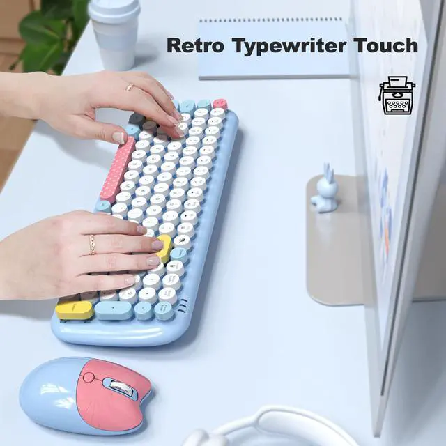 Alt view image 4 of 5 - Dilter Wireless Keyboard and Mouse Combo, Typewriter Retro Keyboards with Cute Cat Shaped Wireless Mouse, 2.4 GHz USB Receiver Plug and Play for Windows, PC, Laptop, Desktop (Blue Colorful)