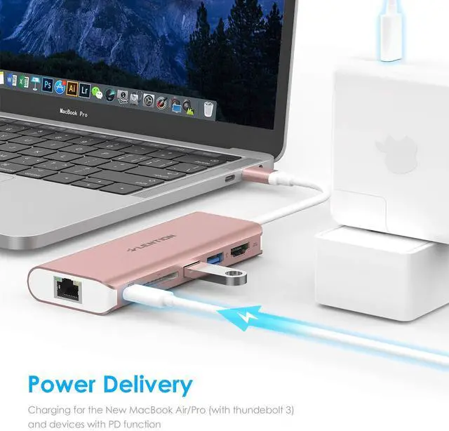 Alt view image 2 of 5 - LENTION USB C Hub with 4K HDMI, SD Card Reader, 2 USB 3.0, Type C Charging & Ethernet Compatible 2023-2016 MacBook Pro, New Mac Air/Surface/Steam Deck, More, Stable Driver Adapter (CB-C68, Rose Gold)