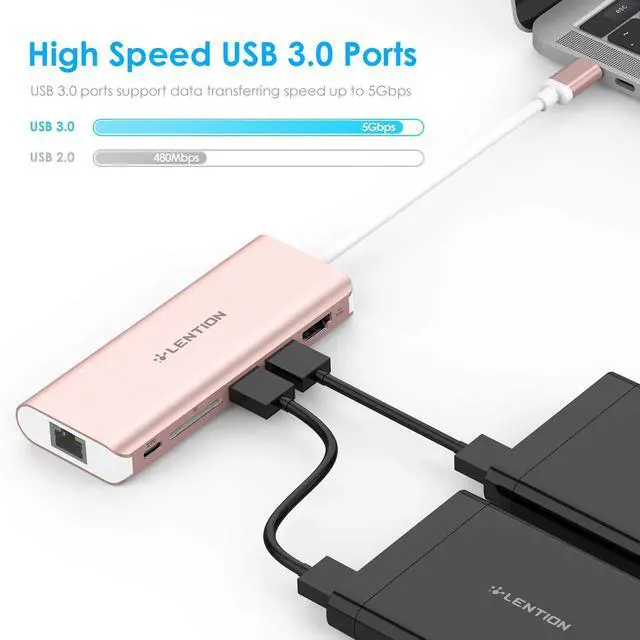 Alt view image 4 of 5 - LENTION USB C Hub with 4K HDMI, SD Card Reader, 2 USB 3.0, Type C Charging & Ethernet Compatible 2023-2016 MacBook Pro, New Mac Air/Surface/Steam Deck, More, Stable Driver Adapter (CB-C68, Rose Gold)