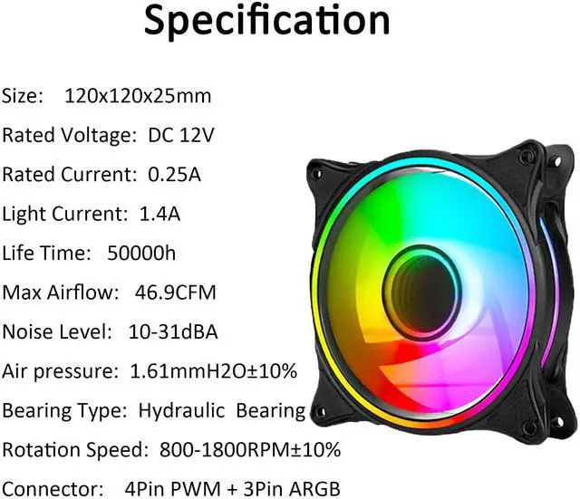 Alt view image 4 of 5 - 120mm ARGB PWM PC Case Fans - 800-1800RPM Computer CPU Cooling with Addressable RGB PC Case Triple Light Loop Includes SATA Adapter 3-Pack Black