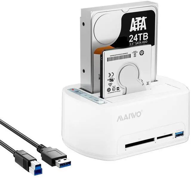 Main image of MAIWO Dual-Bay SATA Hard Drive Docking Station with Offline Clone for 2.5 & 3.5-inch, USB 3.0 HDD/SSD Dock with CF/SD Card Reader, Support 2 * 24TB, White