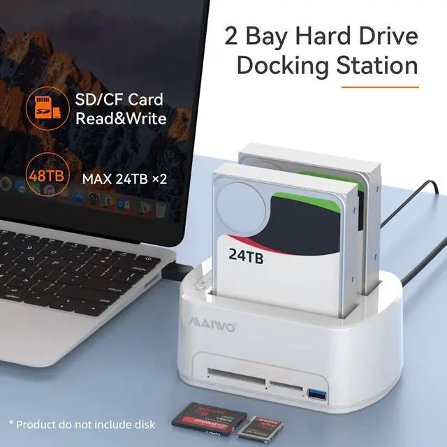 Alt view image 3 of 5 - MAIWO Dual-Bay SATA Hard Drive Docking Station with Offline Clone for 2.5 & 3.5-inch, USB 3.0 HDD/SSD Dock with CF/SD Card Reader, Support 2 * 24TB, White