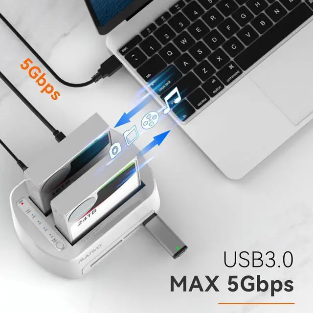 Alt view image 5 of 5 - MAIWO Dual-Bay SATA Hard Drive Docking Station with Offline Clone for 2.5 & 3.5-inch, USB 3.0 HDD/SSD Dock with CF/SD Card Reader, Support 2 * 24TB, White