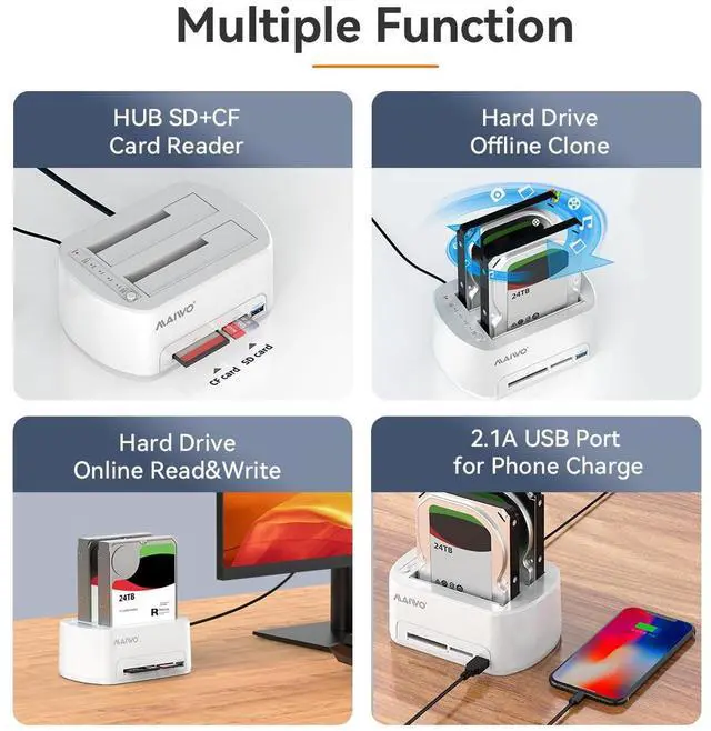 Alt view image 2 of 5 - MAIWO Dual-Bay SATA Hard Drive Docking Station with Offline Clone for 2.5 & 3.5-inch, USB 3.0 HDD/SSD Dock with CF/SD Card Reader, Support 2 * 24TB, White