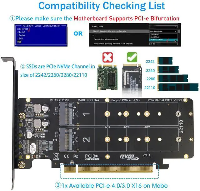 Alt view image 3 of 5 - RIITOP Quad PCIe NVMe Adapter, PCIe 4.0 x16 to 4Ports M.2 NVMe Converter Card for 2U Support NVMe SSD in Size 22110/2280/2260/2242 (PCI-e Bifurcation Required)
