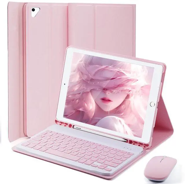 Main image of Keyboard Case for iPad 9.7 inch, iPad 6th Generation (2018), iPad 5th Gen (2017), iPad Air 2 (2014), - Mouse and Detachable Keyboard for iPad Pro 9.7, Slim Case with Pen Holder, Auto Sleep/Wake-Pink