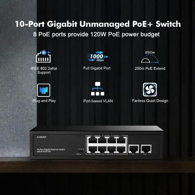Alt view image 2 of 5 - YuLinca 10 Port Gigabit PoE Switch, 8 Port Gigabit PoE+ and 2 Gigabit Uplink, 10/100/1000Mbps, IEEE802.3af/at Max 120W, Metal Fanless Unmanaged Plug&Play Ethernet Switch