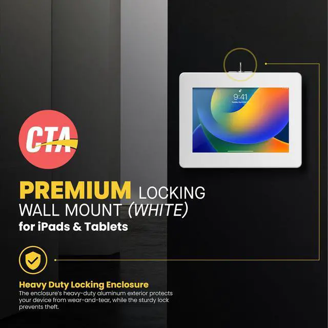 Alt view image 2 of 5 - Locking iPad Wall Mount - CTA Anti-Theft Large Locking Tablet Enclosure w/ Key Lock and Interior Cable Routing for iPad Pro 12.9", Surface Pro 3, 4, 5, 6, 7, 8, X - White - (PAD-PLWW)