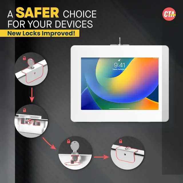 Alt view image 3 of 5 - Locking iPad Wall Mount - CTA Anti-Theft Large Locking Tablet Enclosure w/ Key Lock and Interior Cable Routing for iPad Pro 12.9", Surface Pro 3, 4, 5, 6, 7, 8, X - White - (PAD-PLWW)