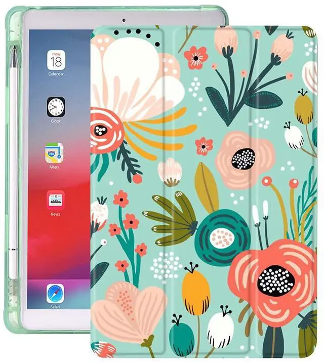 Main image of Idocolors Pad Case Floral Green Cases Flower Anti-Scratch Shockproof with Pencil Holder Trifold Stand Cover for iPad 6th Generation(Model Number A1893 A1954)/5th Generation(Model Number A1822 A1823)