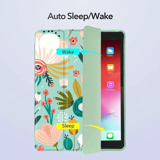 Alt view image 3 of 5 - Idocolors Pad Case Floral Green Cases Flower Anti-Scratch Shockproof with Pencil Holder Trifold Stand Cover for iPad 6th Generation(Model Number A1893 A1954)/5th Generation(Model Number A1822 A1823)