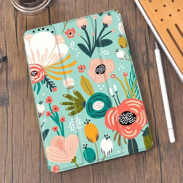 Alt view image 2 of 5 - Idocolors Pad Case Floral Green Cases Flower Anti-Scratch Shockproof with Pencil Holder Trifold Stand Cover for iPad 6th Generation(Model Number A1893 A1954)/5th Generation(Model Number A1822 A1823)