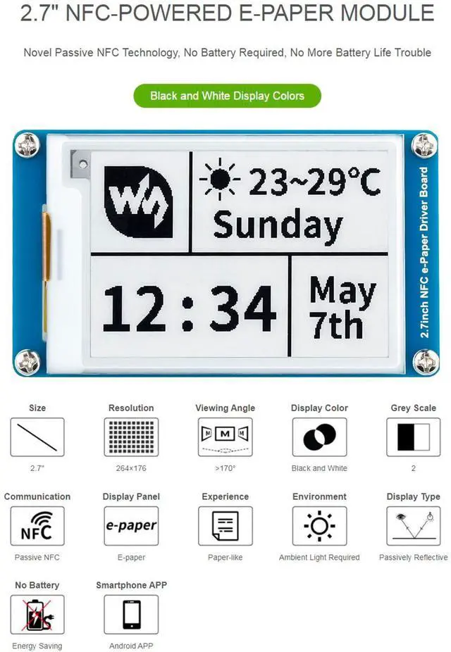 Alt view image 2 of 5 - waveshare 2.7inch Passive NFC-Powered e-Paper Module, 264 × 176 Pixels Black and White Display Color, No Battery Needed, No Messy Wiring Wire-Less Powering & Data Transfer Android APP Provided
