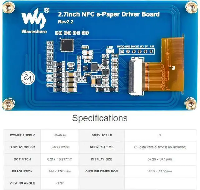 Alt view image 5 of 5 - waveshare 2.7inch Passive NFC-Powered e-Paper Module, 264 × 176 Pixels Black and White Display Color, No Battery Needed, No Messy Wiring Wire-Less Powering & Data Transfer Android APP Provided