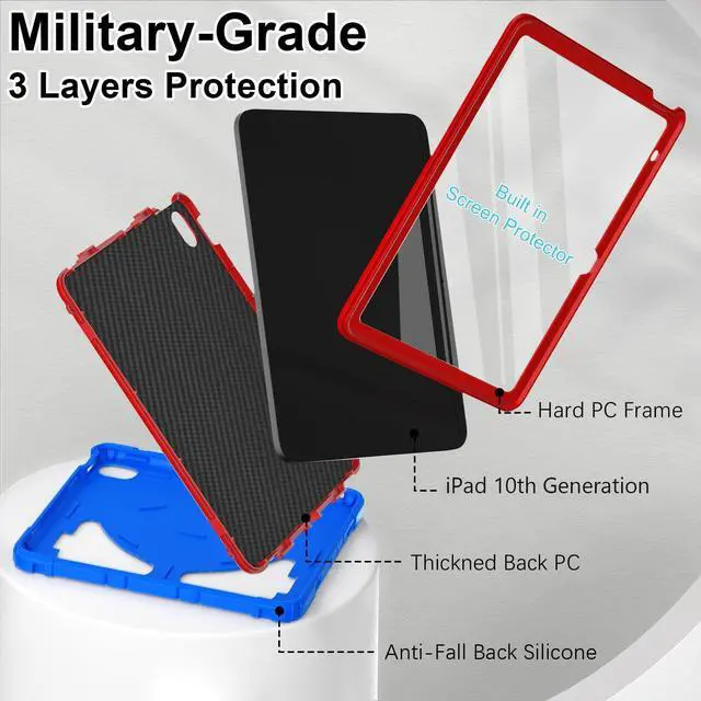 Alt view image 2 of 5 - Nitupai Case for iPad 10th Generation Case for Kids 10.9 Inch 2022 10th Gen/iPad A16 11th Generation 11 Inch 2025 Cover with Pen Holder Screen Protector Strap Kids Boys Thickned Cornor, Blue Red