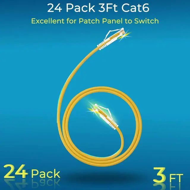 Alt view image 2 of 5 - Rapink Patch Cables Cat6/ Cat6a 3ft (24 Pack) Slim, Cat6a Ethernet Patch Cable 30G Support, Snagless Cat 6 Patch Cable for Patch Panel to Switch, Flexiable Cat6 Ethernet Cable Yellow