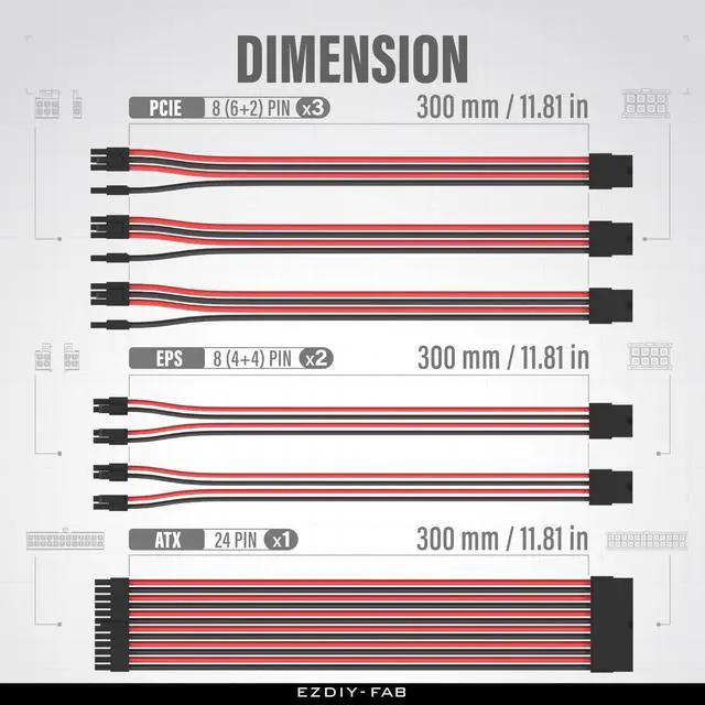 Alt view image 2 of 5 - EZDIY-FAB PSU Cable Extension Kit,16AWG Power Supply Extension,1x24Pin/2x4+4 EPS/3x6+2 PCI-E,Custom PC Sleeve Cable 300MM with Combs-Black Red