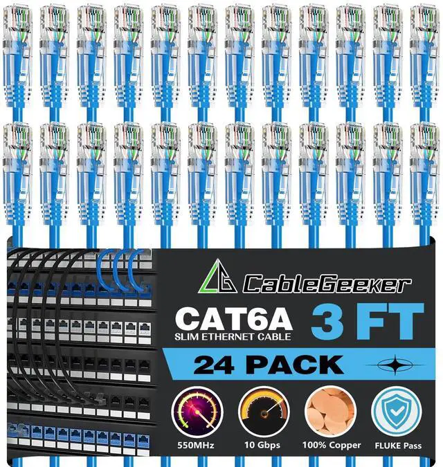 Main image of CableGeeker Patch Cables Cat6a 3ft (24 Pack) Slim, Cat6 Ethernet Patch Cable 10G Support, Snagless RJ45 Cat 6 Patch Cable for Patch Panel to Switch, Flexiable Network Cable - 3 Feet Blue