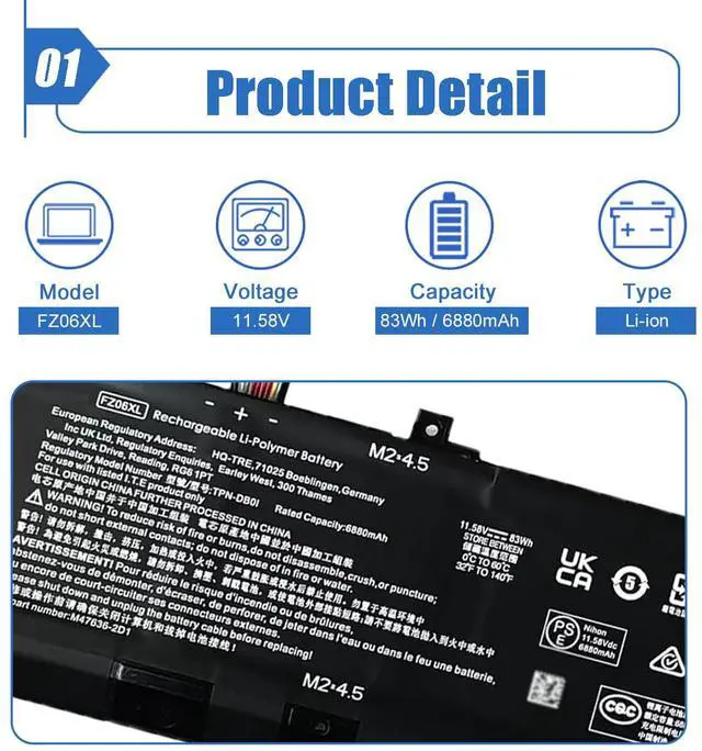 Alt view image 2 of 5 - FZ06XL Laptop Battery 83Wh Replacement for HP Spectre x360 2-in-1 Envy 16-h0011TX 16-f0035nr 16-h0006TX 16 h0112nr 16-h0795ng 16-h0018TX 16-f1075ng Series FZ06083XL M48025-005 M47636-2C1 M47636-2D1