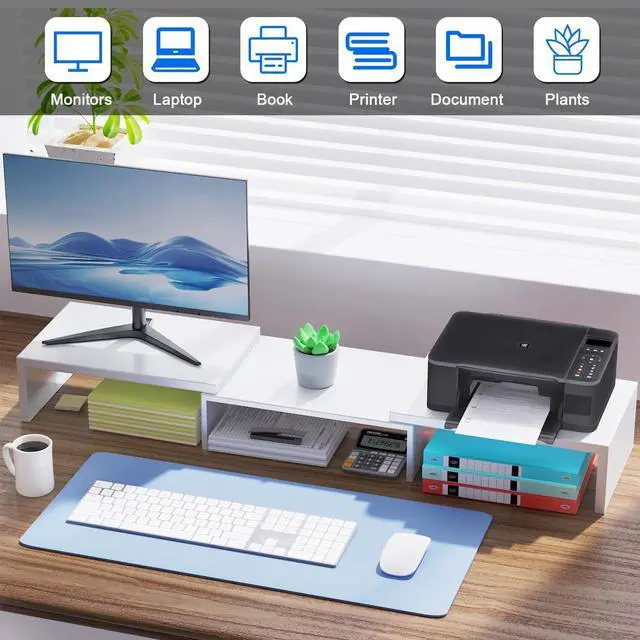 Alt view image 3 of 5 - OUTIOE Dual Monitor Stand for Desk, Metal Computer Stand, Desk Shelf Riser,Desktop Organizer for Home and Office Use (White)