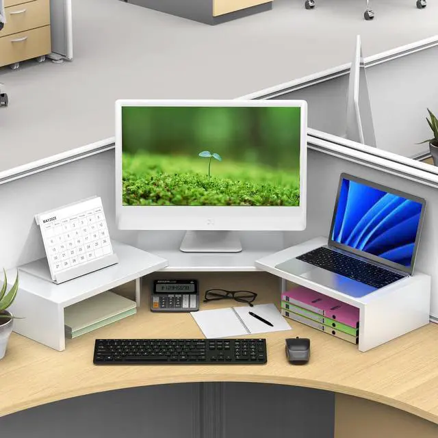 Alt view image 5 of 5 - OUTIOE Dual Monitor Stand for Desk, Metal Computer Stand, Desk Shelf Riser,Desktop Organizer for Home and Office Use (White)