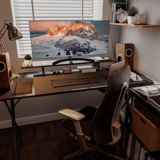 Alt view image 2 of 5 - EUREKA ERGONOMIC Dual Monitor Stand - Adjustable Legs, Dual Monitor Riser, Carbon Fiber Computer Monitor Stand, Desktop Organizer, Monitor Stand Riser for PC, Computer, Laptop (Black)