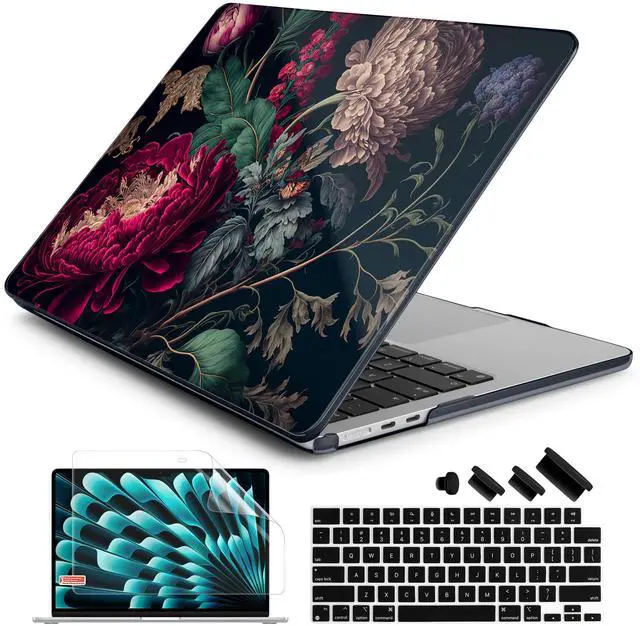 Main image of Batianda Premium Case for New MacBook Air 15 inch 2025 2024 2023 with M4 M3 M2 Chip, Designed Black Protective Plastic Hardshell & Keyboard Cover & Screen Protector, Vintage Flower
