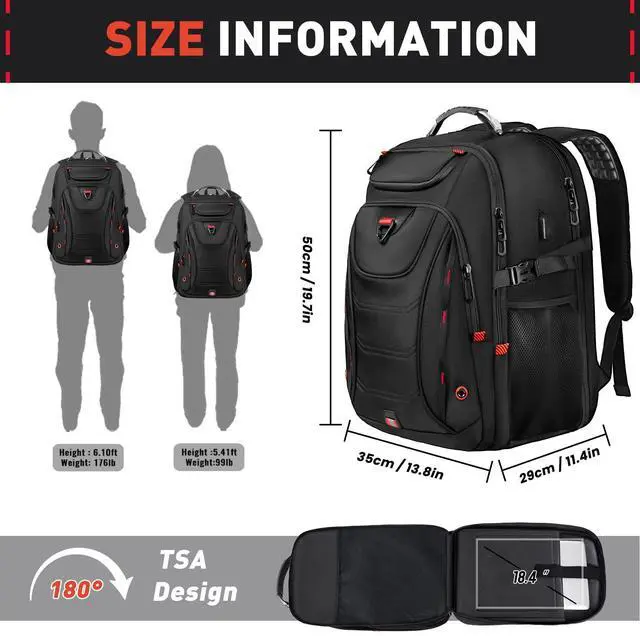 Alt view image 2 of 5 - Z-MGKISS Large Travel Backpack, 18.4 Inch Laptop backpack for men, Water Resistant, TSA Flight Approved, Extra large Backpacks, Business Work Bag with USB Charging Port, Black