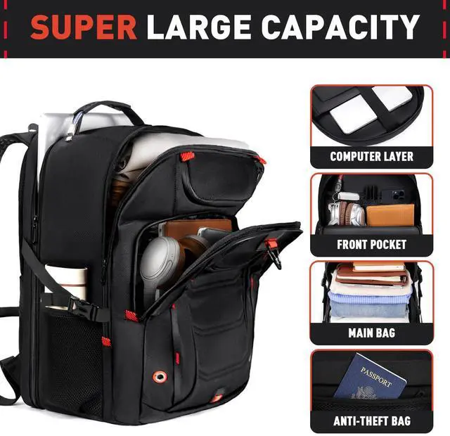 Alt view image 3 of 5 - Z-MGKISS Large Travel Backpack, 18.4 Inch Laptop backpack for men, Water Resistant, TSA Flight Approved, Extra large Backpacks, Business Work Bag with USB Charging Port, Black